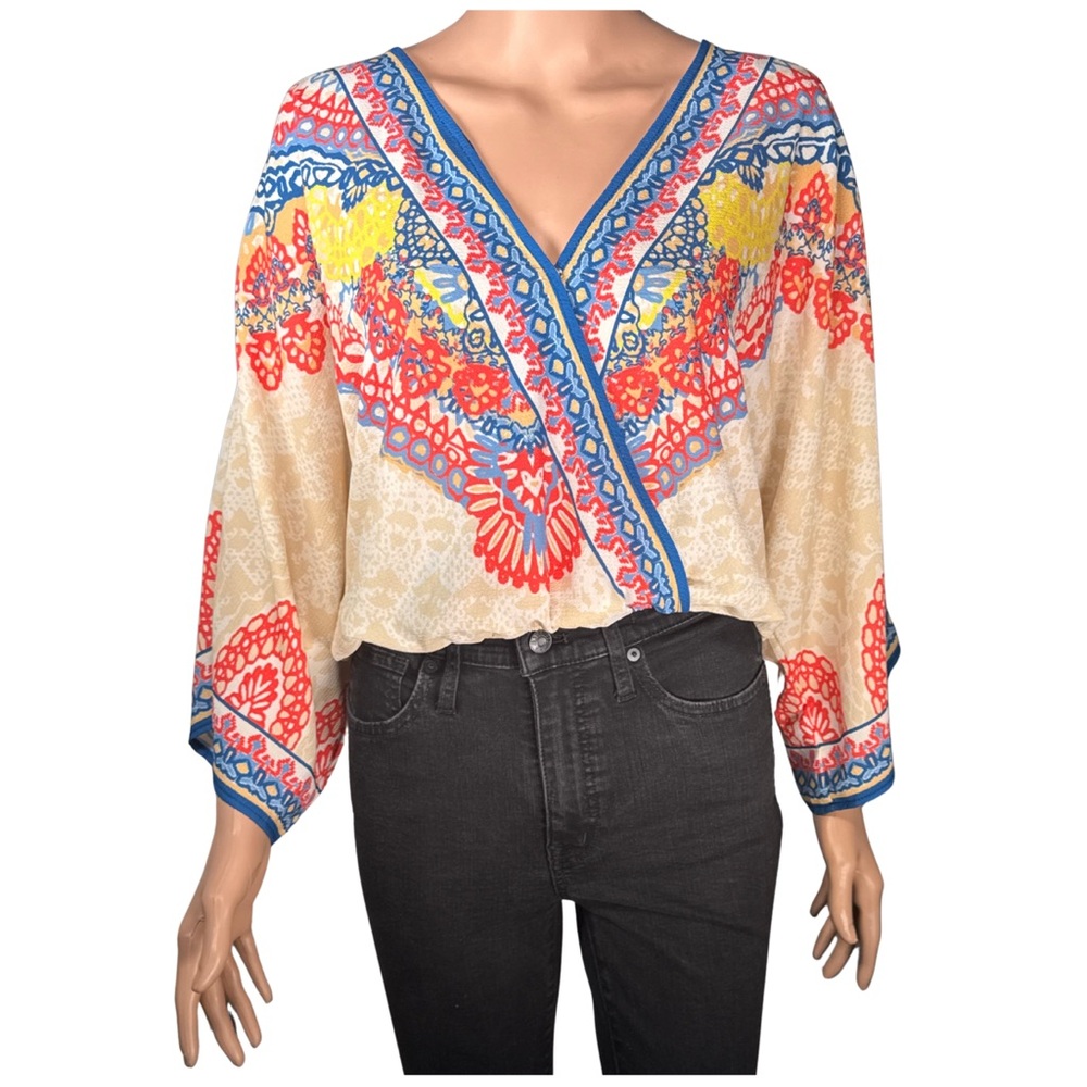 Flying Tomato Boho Surplice Wrap Top Multi Color Dolman Sleeve Blouse S